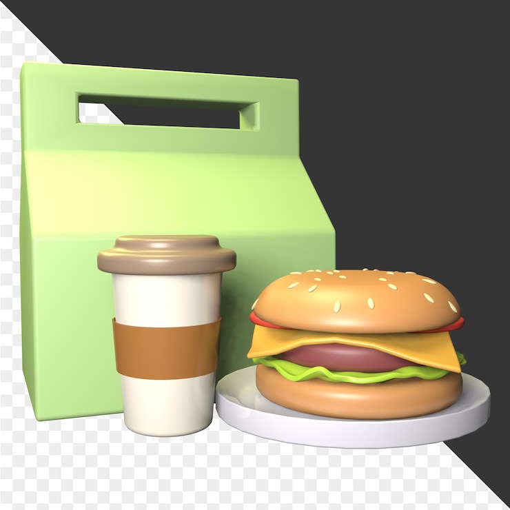 PSD uma caixa verde com um hambúrguer e uma chávena de café