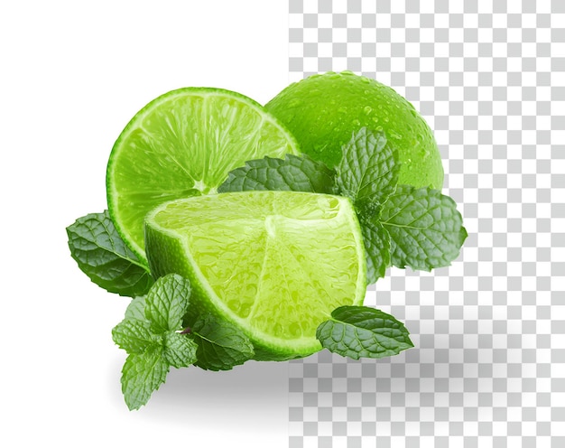uma cal e cal cortadas ao meio com fundo transparente