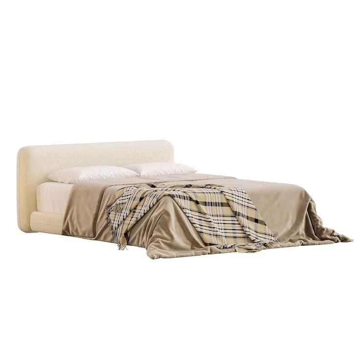 PSD uma cama com um colchão branco e um cobertor de xadrez
