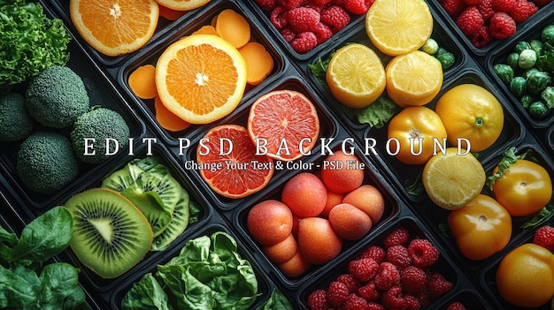 Uma camada plana de frutas e legumes frescos e coloridos em recipientes