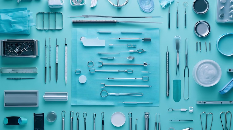 PSD uma camada plana de vários instrumentos dentários dispostos em um fundo azulado