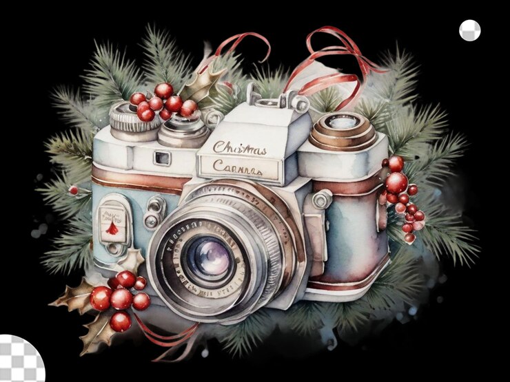 PSD uma câmera de aquarela com decoração de natal