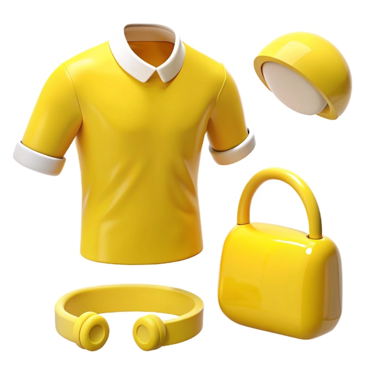 PSD uma camisa amarela com um colarinho branco e um colar branco é mostrado com um capacete amarelo e uma bolsa amarela
