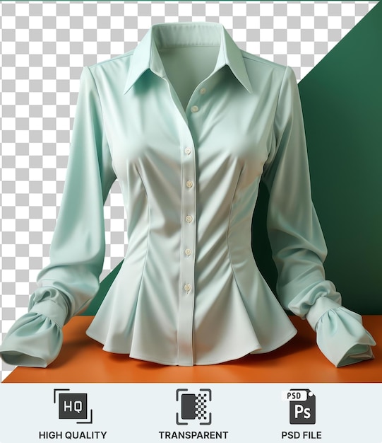 Uma camisa branca com um colarinho branco senta-se em uma mesa laranja contra uma parede verde com um botão branco visível na camisa