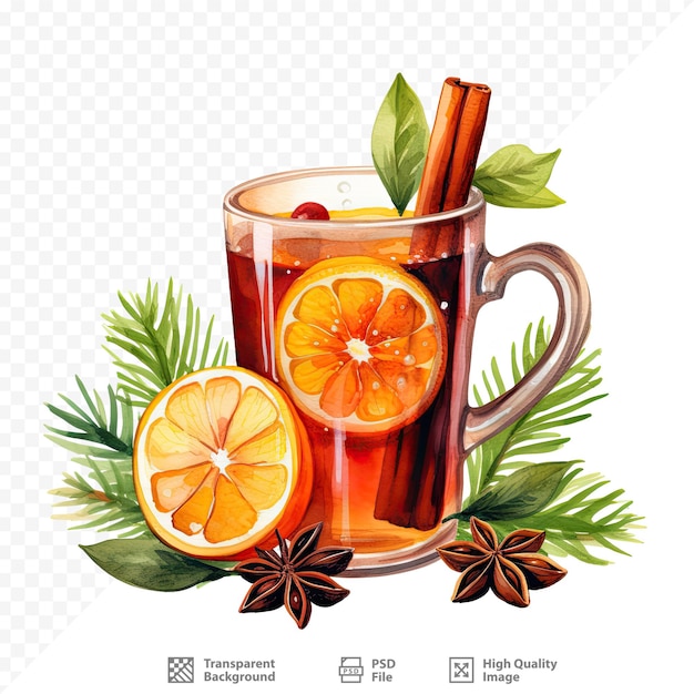 PSD uma caneca de chá com laranjas e limões.