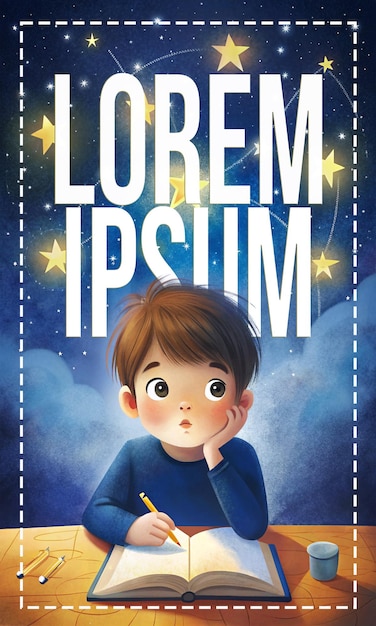 PSD uma capa de livro para um menino com um céu azul atrás dele