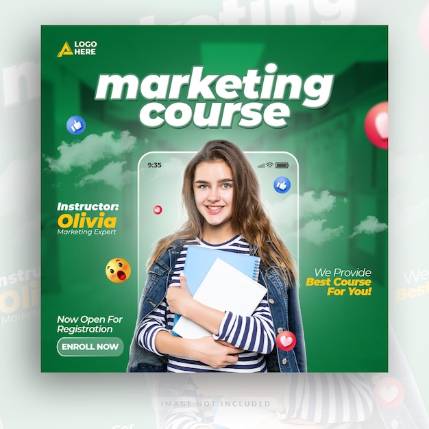 PSD uma capa de revista para curso de marketing com uma mulher segurando um livro.