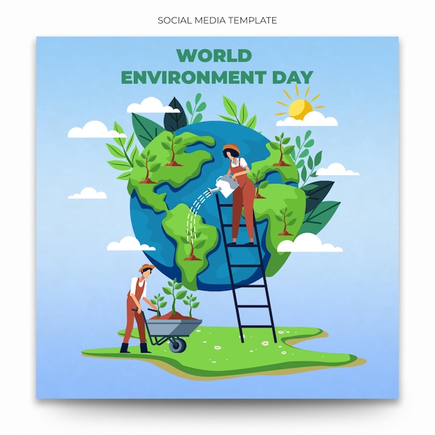 Uma capa para o dia mundial do meio ambiente com um homem em uma escada.