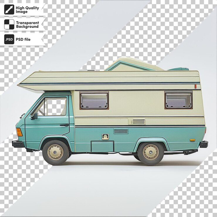 PSD uma carrinha azul e branca com uma caravana no telhado