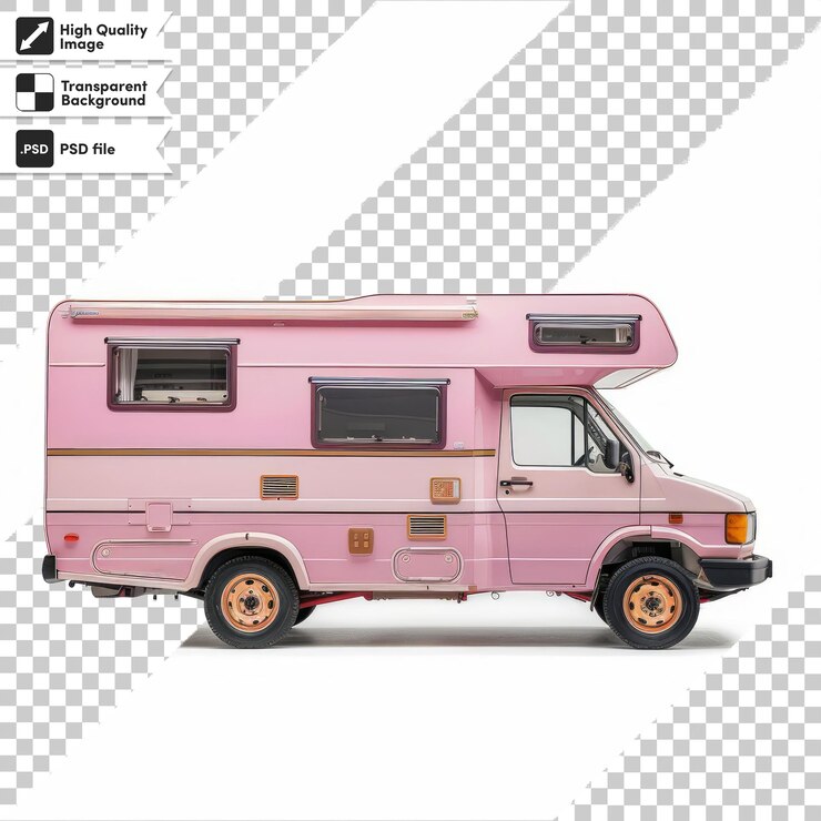 PSD uma carrinha rosa com a palavra "camper" no lado