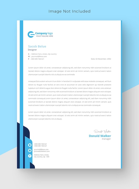 Uma carta para uma empresa escrita em um modelo de papel timbrado de cor azul e branco