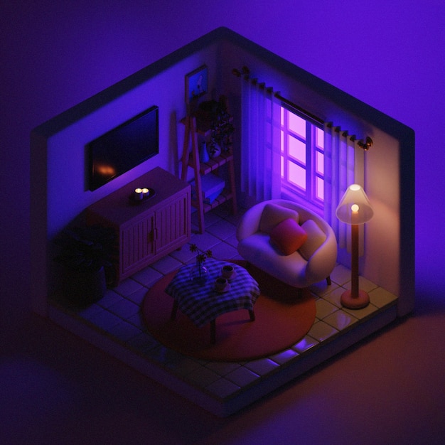 uma casa de bonecas com uma sala roxa com uma lâmpada nela