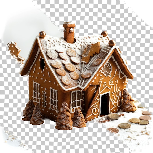 PSD uma casa de pão de gengibre com um telhado coberto de neve e um telhado coberto de neve