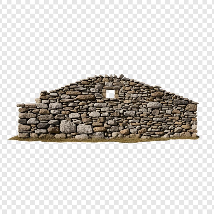 PSD uma casa de pedra em um fundo branco com uma parede de pedra
