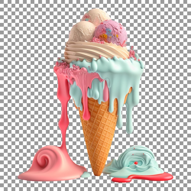 Uma casquinha de sorvete grande com uma casquinha de sorvete rosa e azul em fundo transparente