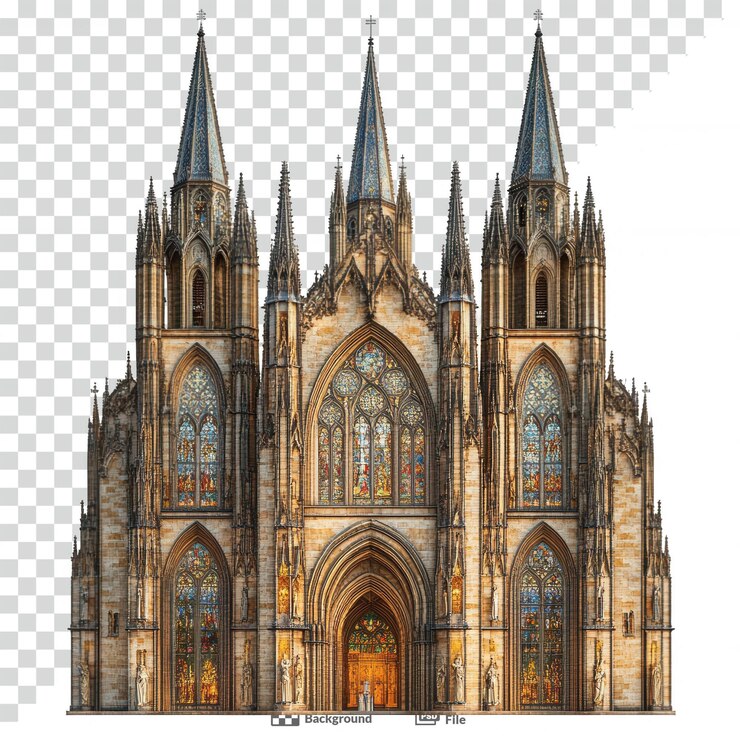PSD uma catedral gótica clássica com torres altas com fundo transparente