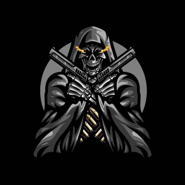 Uma caveira com uma arma e um capuz