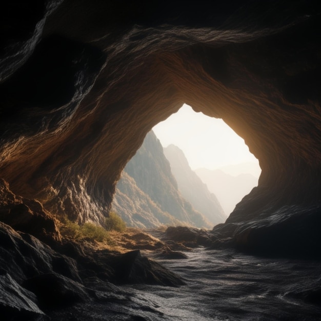 PSD uma caverna com uma luz brilhando através dela e uma grande abertura no meio