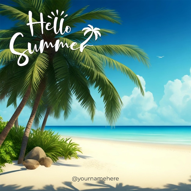 PSD uma cena de praia com palmeiras e as palavras olá verão.