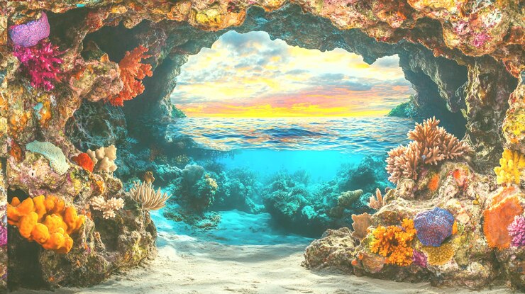 PSD uma cena vibrante de recife de coral vista a partir de uma abertura de caverna exibindo um lindo pôr-do-sol sobre o oceano