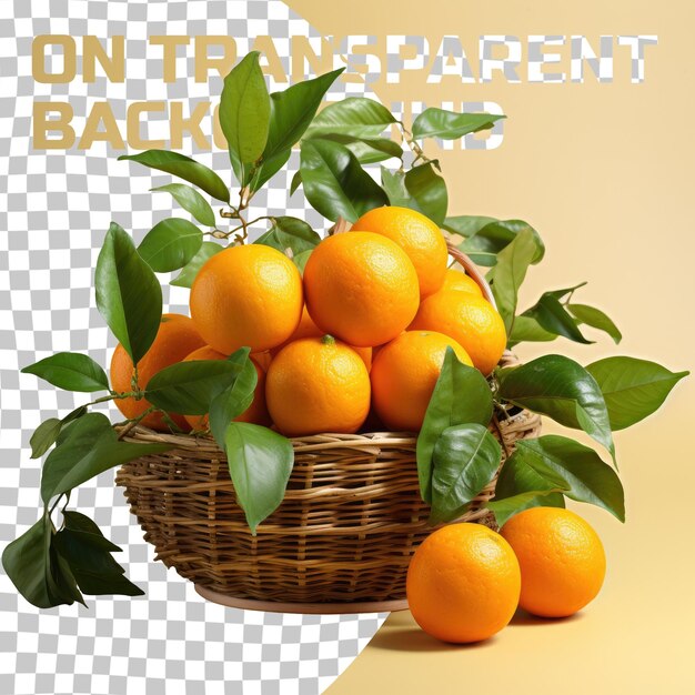 PSD uma cesta cheia de laranjas e folhas verdes em um transparente