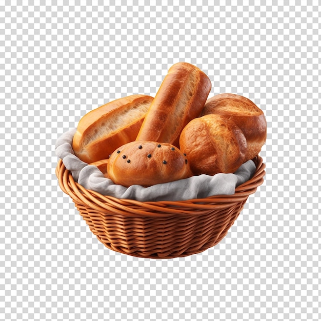 Uma cesta cheia de pães isolados em fundo transparente