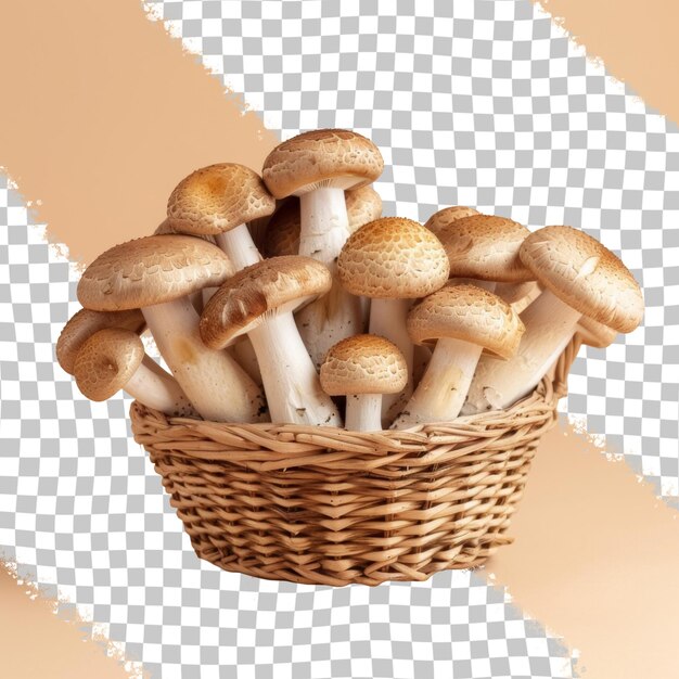 PSD uma cesta de cogumelos com um fundo branco e um fundo marrom
