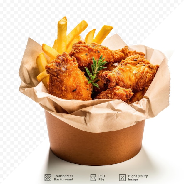 uma cesta de frango frito e batatas fritas com um saco de papel.