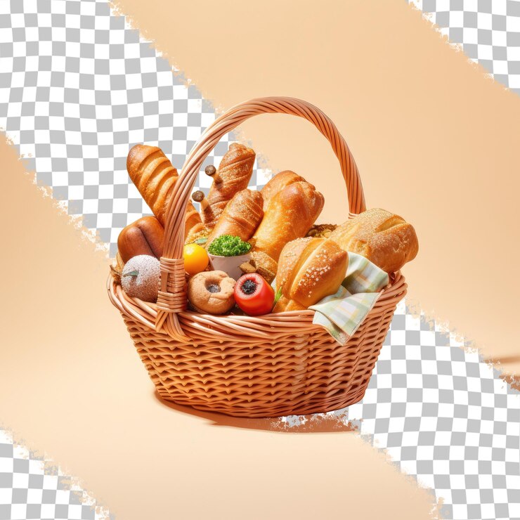 PSD uma cesta de pães e legumes com a imagem de uma cesta de pães e queijos.