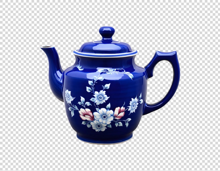 PSD uma chaleira azul com flores e a tampa é azul