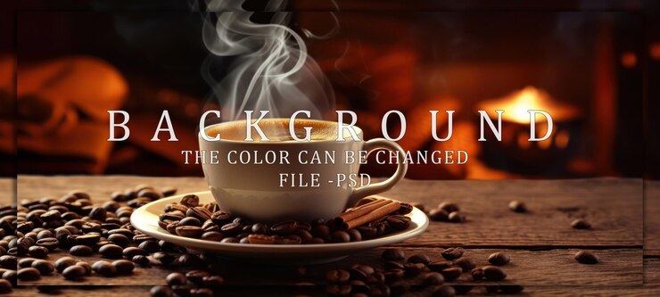 PSD uma chávena de café ao vapor junto à lareira