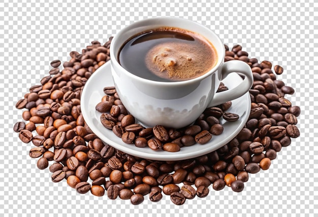 uma chávena de café e grãos de café em um fundo branco