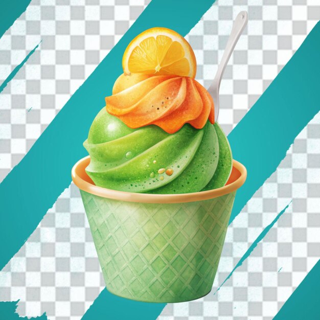 Uma chávena de gelado laranja e verde