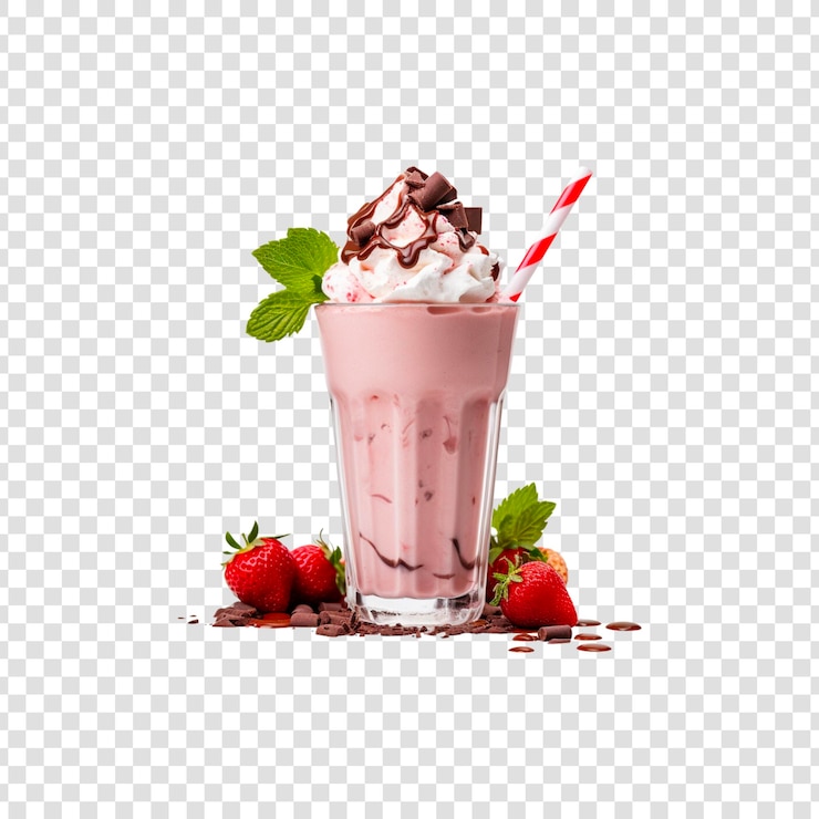 PSD uma chávena de milkshake com morangos e chocolate em um fundo transparente