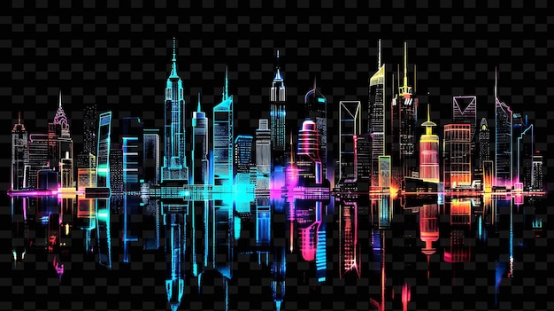 Uma cidade colorida em um fundo preto com um reflexo de arranha-céus