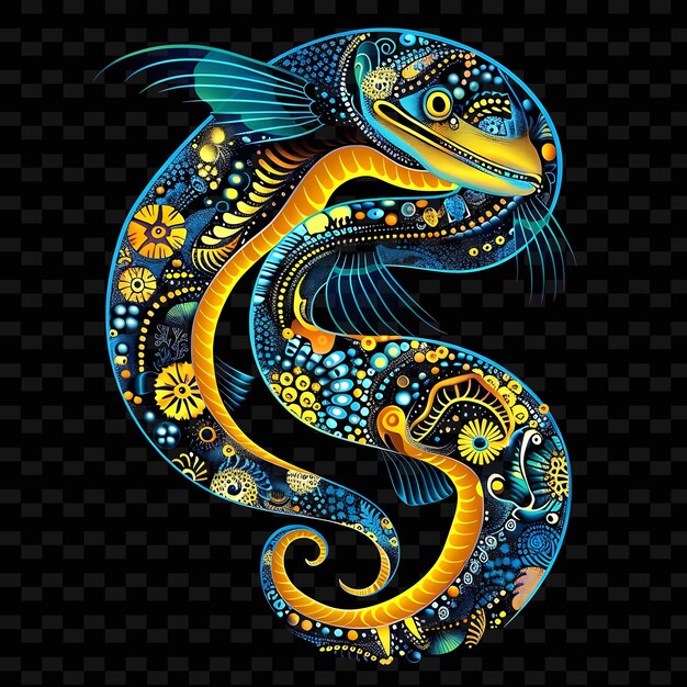 PSD uma cobra com um corpo amarelo e azul é pintada em um fundo preto