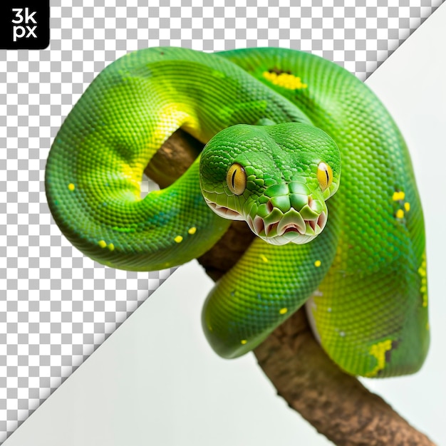 PSD uma cobra verde com uma cabeça amarela e um fundo preto com um fundo preto e branco