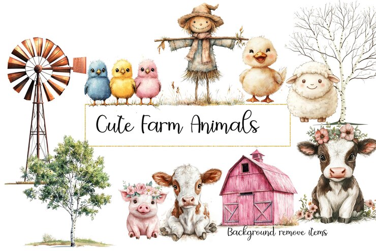 PSD uma colagem de imagens de animais de fazenda, incluindo um sinal que diz animais bonitos animal farm clipart