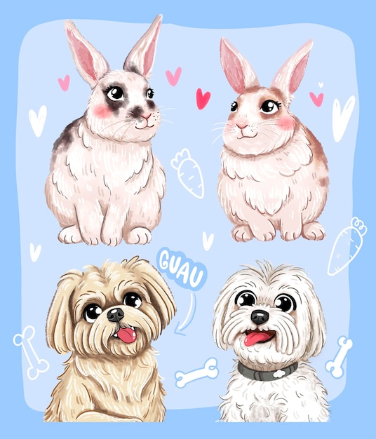 uma colagem de imagens PETS RABBITS FURRY DOGS PACKAGE