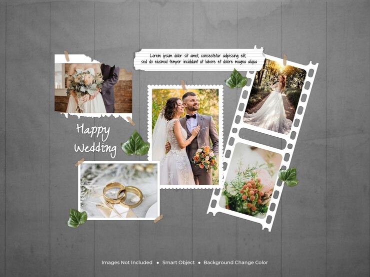 uma colagem de quadros de fotos do modelo de casamento
