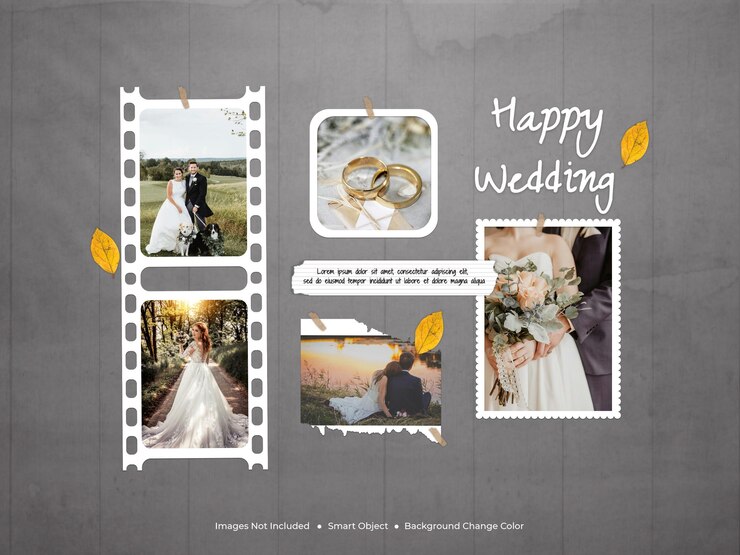 uma colagem de quadros de fotos do modelo de casamento