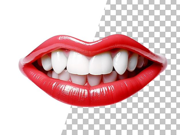 Uma colagem de uma boca com lábio vermelho e dentes brancos.