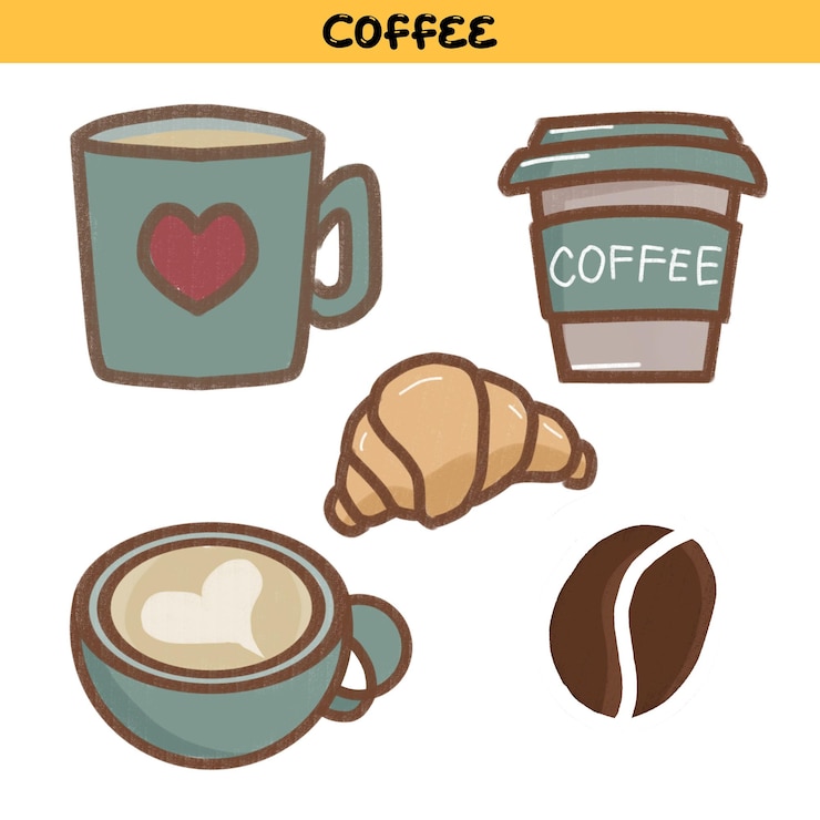 PSD uma colagem de xícaras de café com um coração na frente.