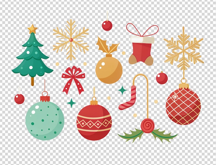 PSD uma coleção de decorações de natal, incluindo bonecos de neve, boneco de neve e árvore de natal