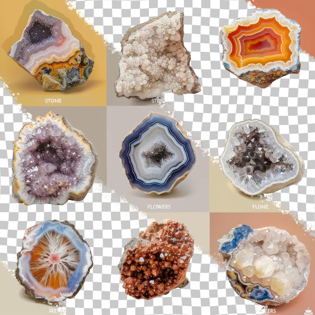 Uma coleção de diferentes tipos de minerais, incluindo um que diz mineral