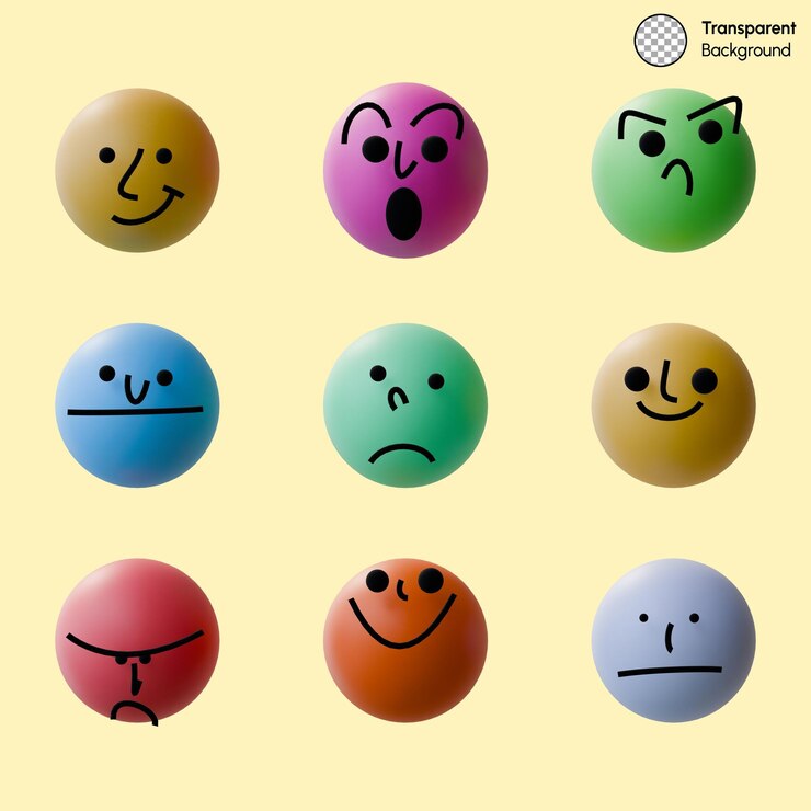 PSD uma coleção de esferas coloridas com várias expressões faciais