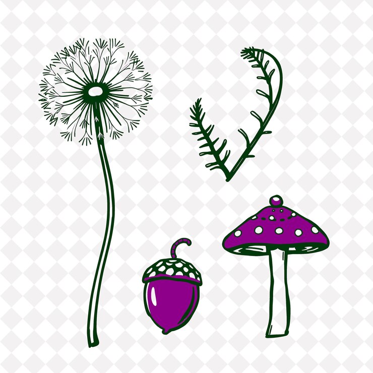 PSD uma coleção de flores e cogumelos em um fundo branco
