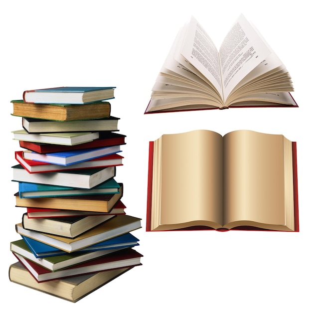 Uma coleção de livros empilhados e abertos representando a alegria de ler e aprender