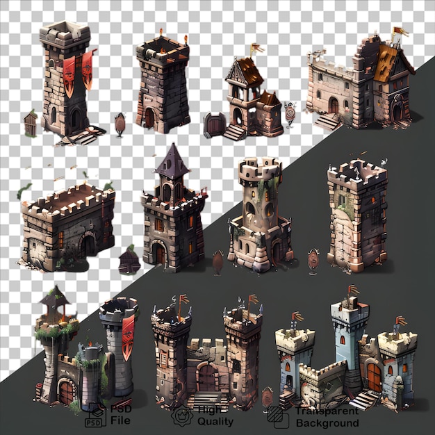 PSD uma coleção de modelos de um castelo com um edifício no fundo