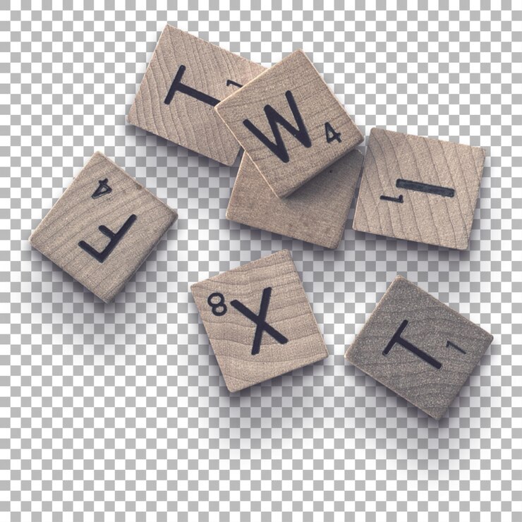 PSD uma coleção de telhas de letras de madeira prováveis para um jogo de palavras mostrando diferentes letras e seus valores de ponto